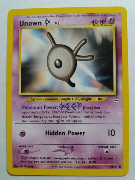58/64 Unown K Neo Revelations Pokemon Card Nr Mint - Mint